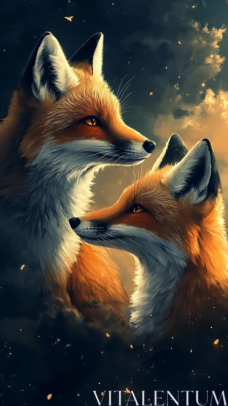 Twilight fox duet glows in drifting embers and soft starlight.