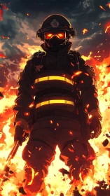 Firefighter in Heavy Hazmat Suit Against Inferno