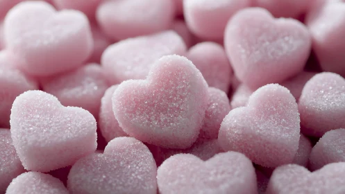 Pink sugar-coated heart-shaped confections with granulated coating.