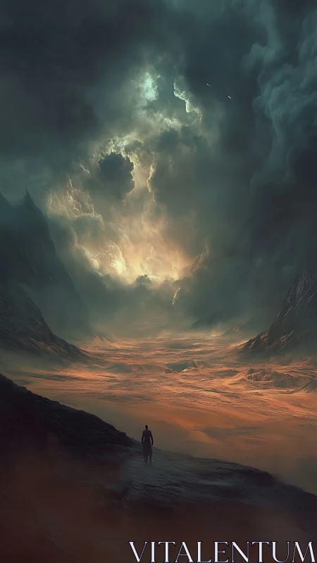 Solitary figure crosses storm-lit alien valley under vortex sky