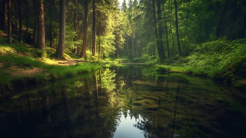 Sunlit Forest Stream: Ancient Woodland Reflection.