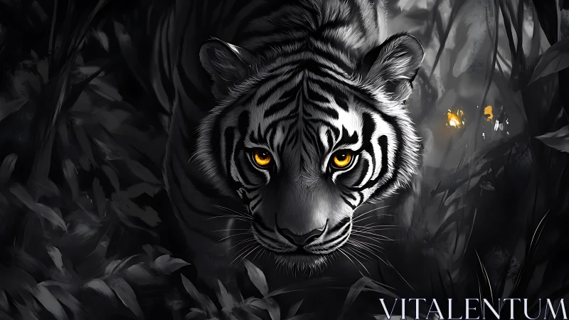 Monochrome jungle tiger portrait with luminous amber eyes.