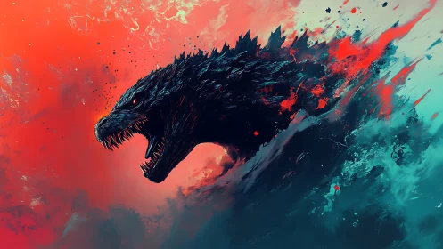 Kaiju profile rendered in high-contrast painterly particle burst