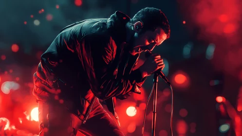 Rock singer leaning into microphone on red lit stage.
