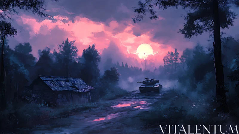 Digital painting of lone tank on misted forest road at dusk.