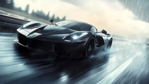 Midnight supercar gliding through silver rainstorm streets.