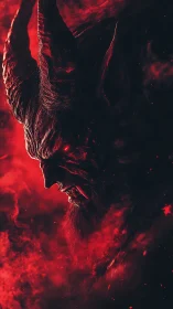 Horned demonic profile rendered in red smoke and shadow.