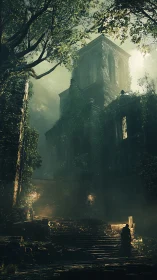 Ruined ivy-clad tower with cloaked figure in volumetric light.