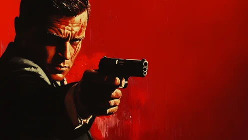 Agent in suit aiming handgun against bold red backdrop.