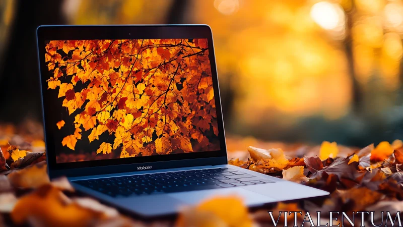 Laptop displays vivid autumn foliage amid fallen leaves