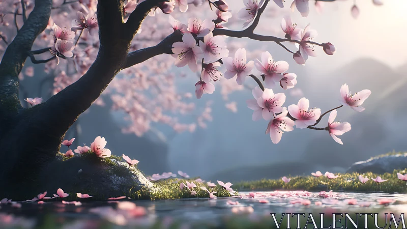 3D-rendered cherry blossom bough over reflective streamscape.