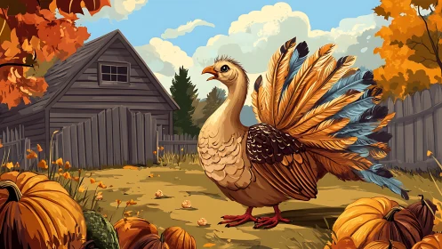 Proud autumn turkey strutting among pumpkins and leaves.