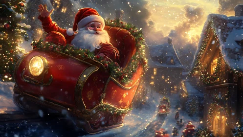 Santa rides glowing sleigh through snowy Christmas village.