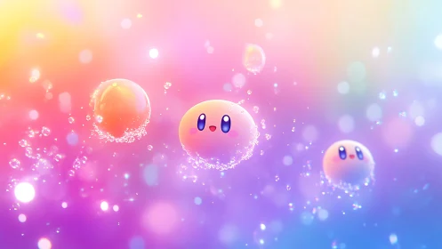 Floating pastel spheres with faces in soft bokeh field.