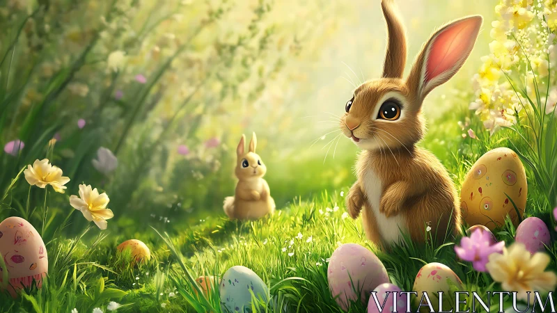 Backlit spring meadow with stylized rabbits and shaded Easter eggs