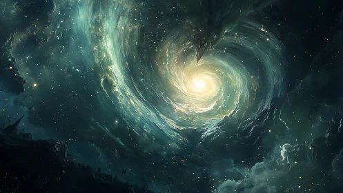 Stellar accretion vortex with luminous galactic nebular core.