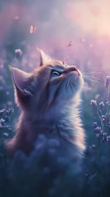 Soft-lit kitten studies butterflies in shallow depth lavender field