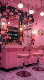 Pink floral salon interior with mirrors and marble counter.