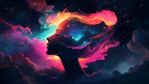 Silhouette profile with multicolored nebular light trails.