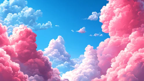 Pink and blue cumulus cloudscape under clear sky.