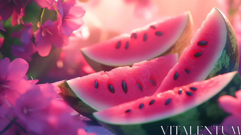 Watermelon slices rest among pink flowers in soft focus