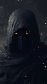 Hooded dark figure with ember-lit eyes in smoky space.