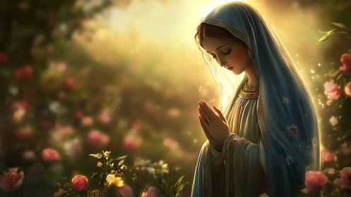 Gentle prayer in a sunlit rose garden of quiet wonder.
