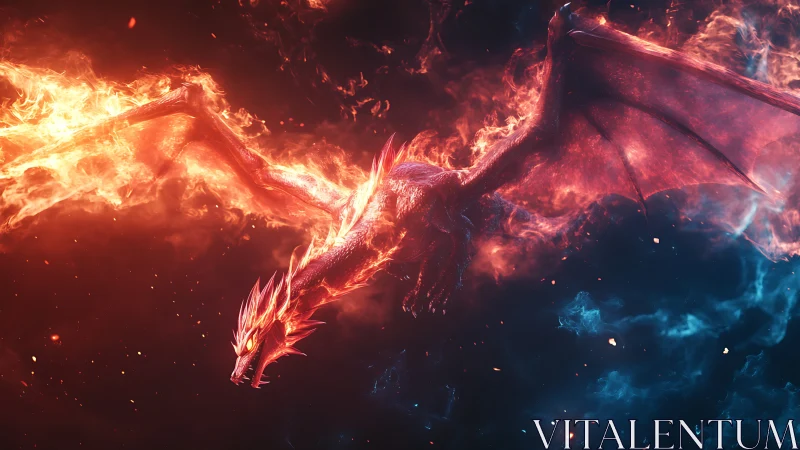 Inferno-winged dragon cutting a blazing scar through nightfire.
