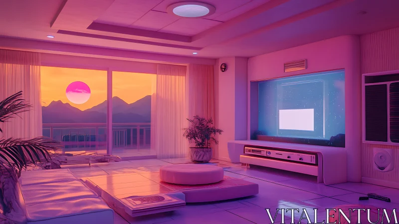 Neon sunset lounge where digital dreams melt into mountains.