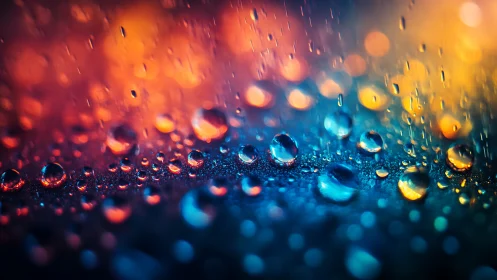 Prismatic raindrops in neon bokeh across glass surface.