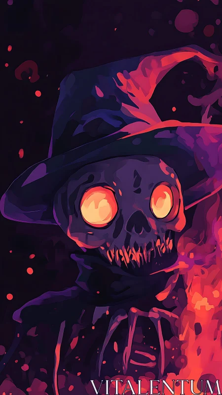 Enchanted fire-lit skull mage gazes through glowing embers