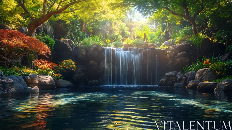 Waterfall descends into shaded pond within dense garden