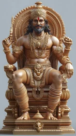 Regal golden deity seated on ornate sculpted throne.