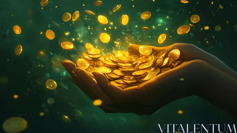 Glowing gold coins spilling from cupped hands in darkness.
