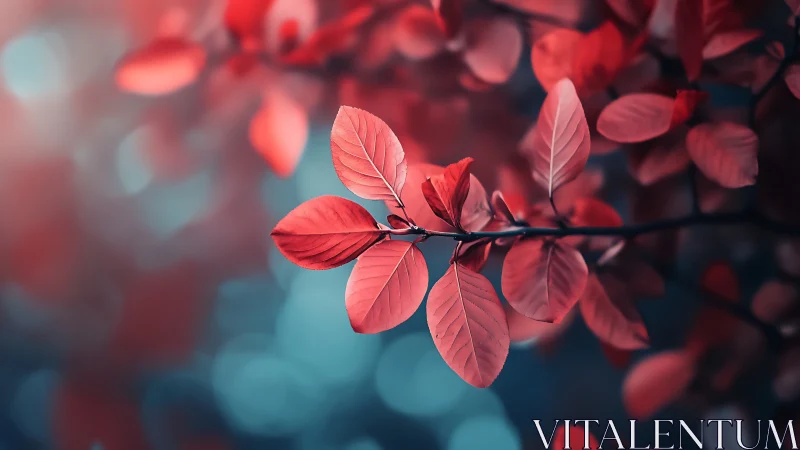 Vibrant red leaves in soft dreamy bokeh, nature photography style.