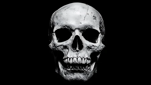 Human skull rendered in stark monochrome frontal view