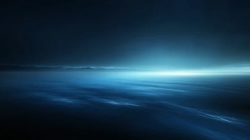 Luminous horizon over calm nocturnal sea in digital minimalism