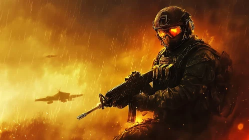 Armored soldier grips assault rifle amid burning battlefield