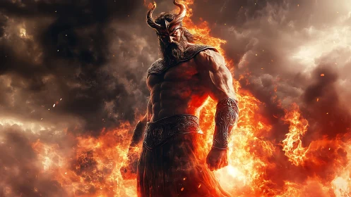Horned fiery warrior god stands within swirling flames.