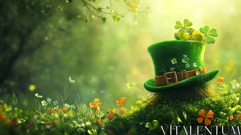 Emerald leprechaun hat rests in glowing shamrock meadow.