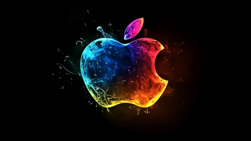Iridescent liquid apple emblem in multicolor neon splash.