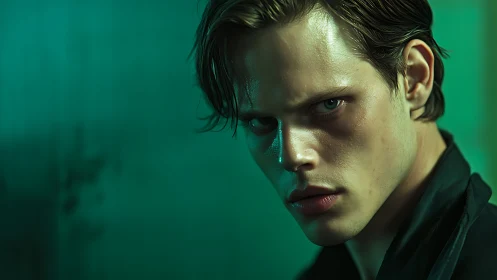 Photorealistic teal portrait with dramatic low-key lighting.