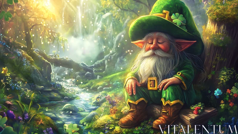 Serene leprechaun resting by luminous forest creek at sunrise
