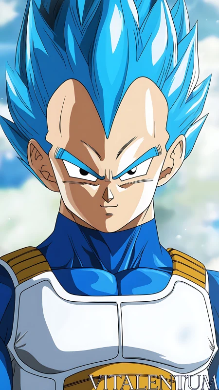 Blue haired anime warrior in white and blue battle armor.