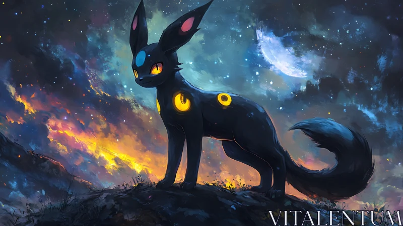 Celestial creature stands on rocky ridge beneath luminous sky