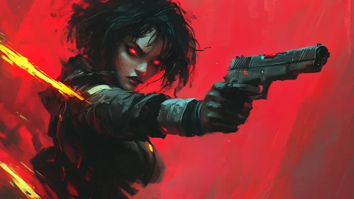 Figure holding handgun is rendered against saturated red field