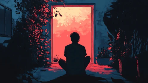 Silhouette in coral doorway contemplating vivid twilight sky.