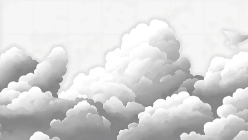 Layered grayscale cloud formations occupy a stylized sky