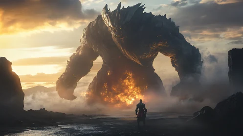 Molten colossus confronts lone warrior at emberlit dawn.