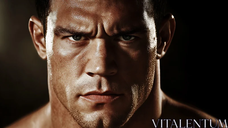 Intense male athlete portrait under dramatic sweat sheen.